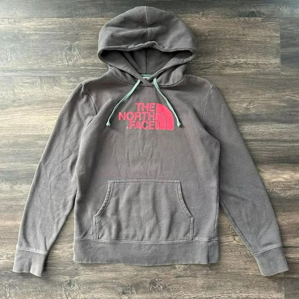 The North Face Classic Gray Hoodie Pink Logo Pullover Sweatshirt Women's Medium - Picture 1 of 7